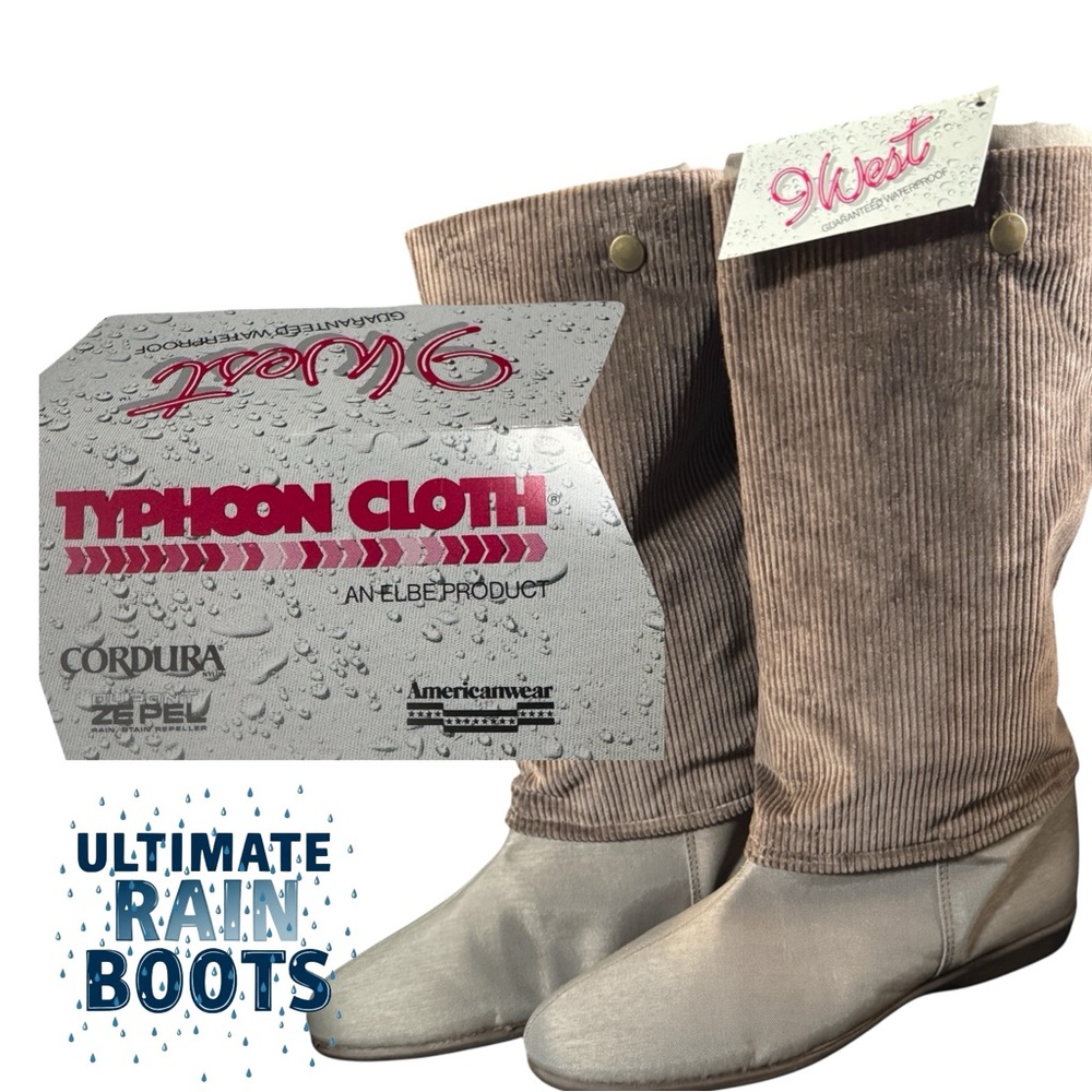 Y2K NOS Womens Rain Boots Special Typhoon Cloth Knee High NWT 9WEST SZ 10 Grey